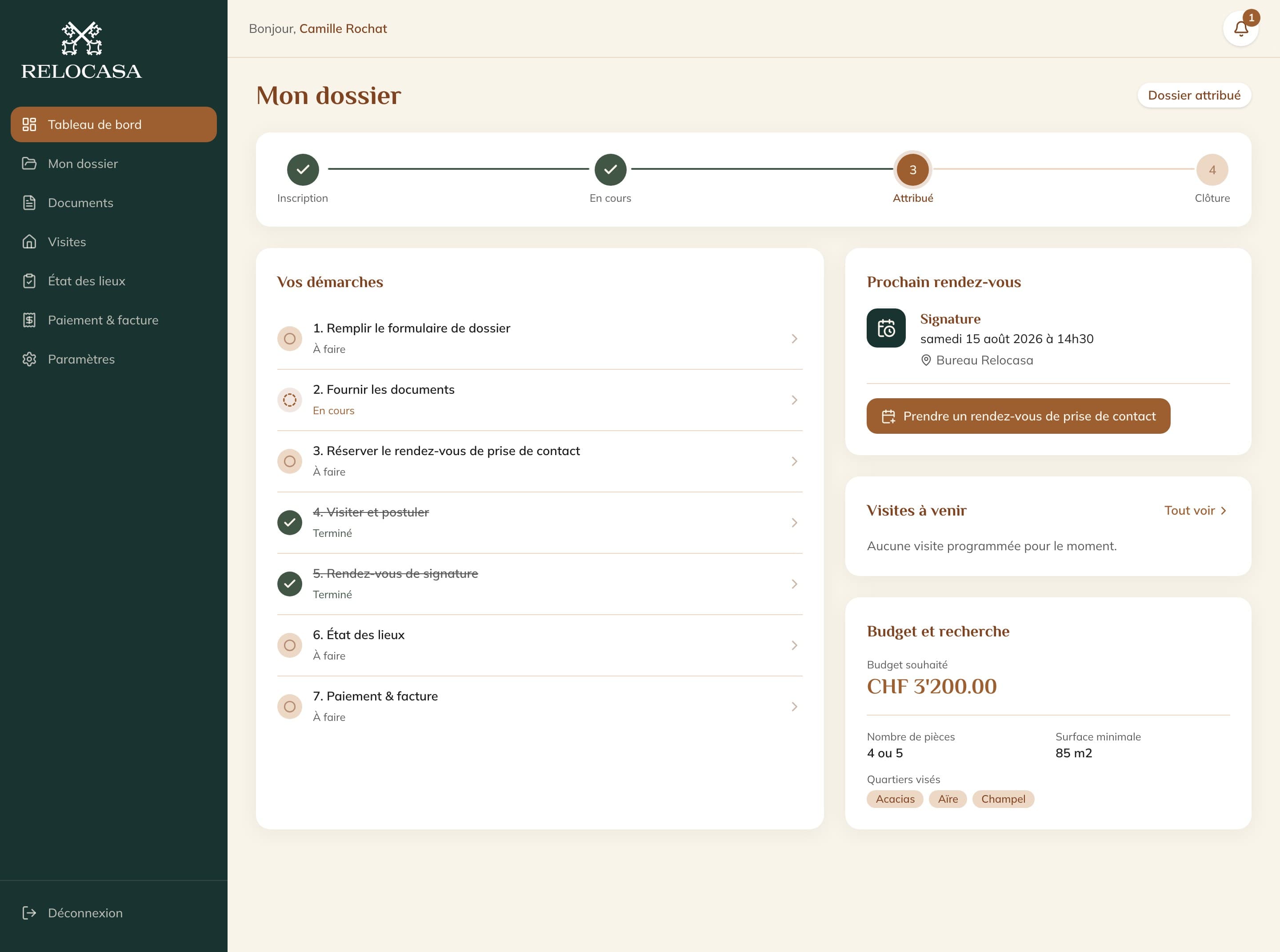 Capture du tableau de bord Relocasa : suivi des étapes du dossier, prochain rendez-vous, visites planifiées, budget et liste des tâches à accomplir, en version bureau et mobile